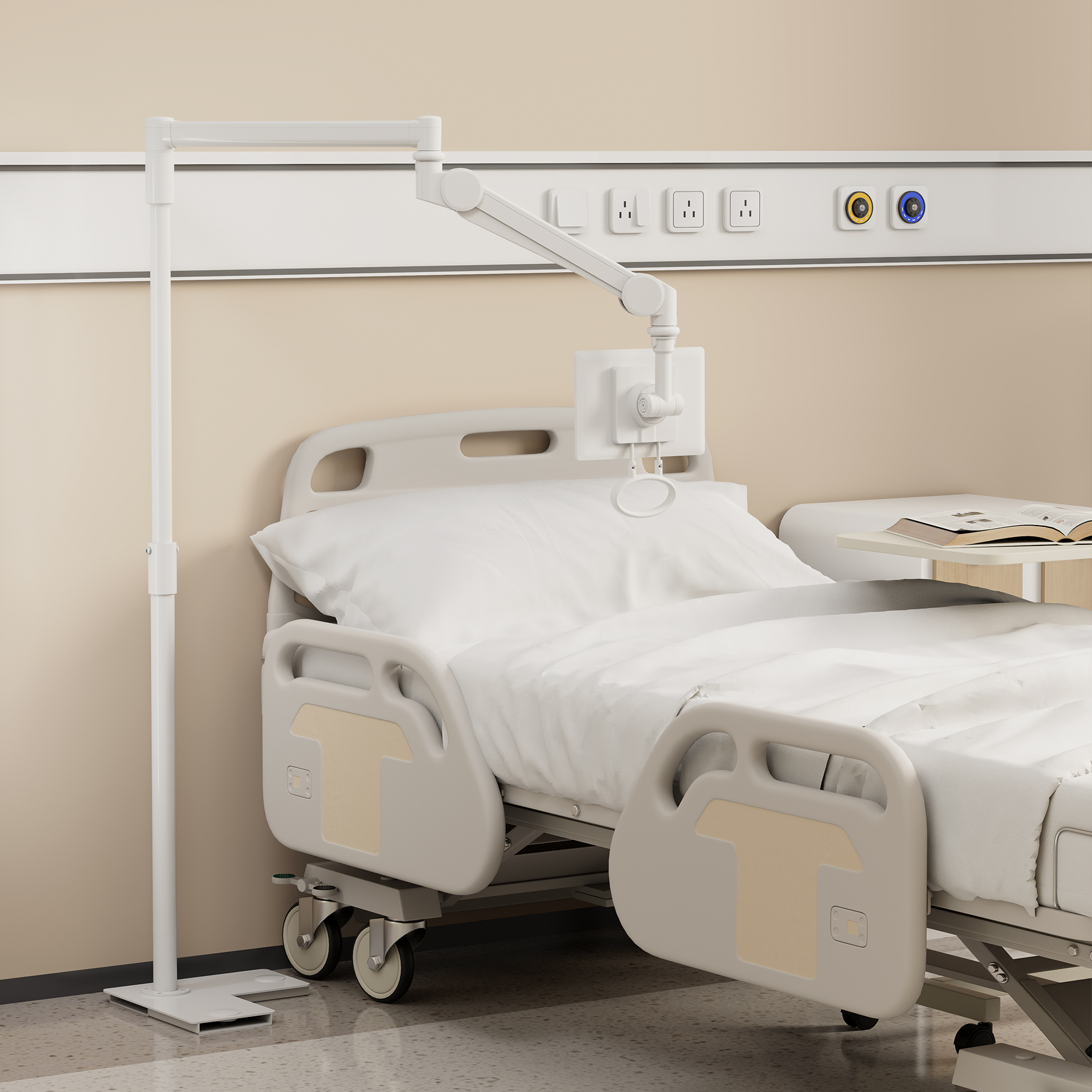 Una cama de hospital con ropa de cama blanca, un brazo lateral y enchufes en la pared.