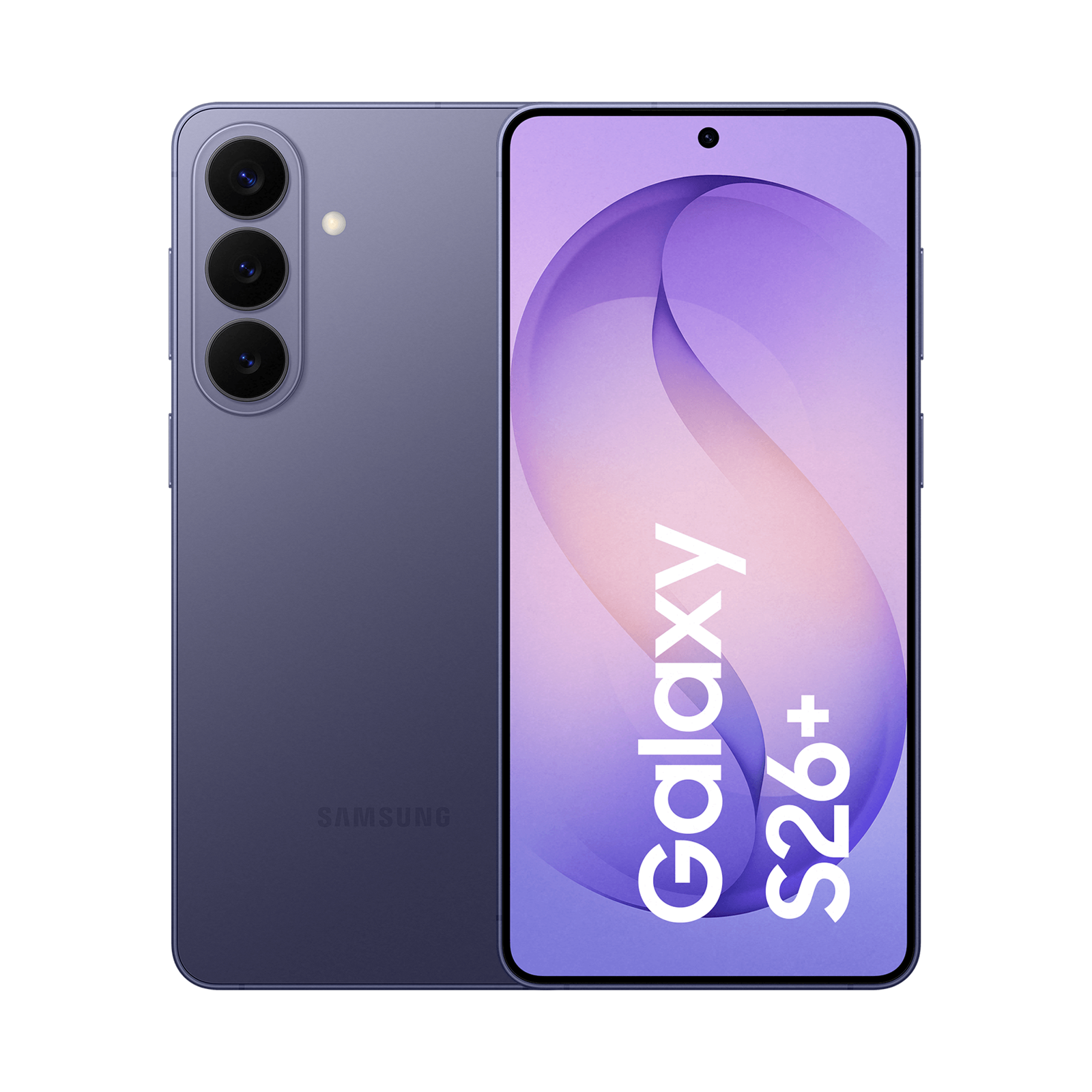 Ein lila Samsung Galaxy S26+ Smartphone mit drei Kameras auf der Rückseite.