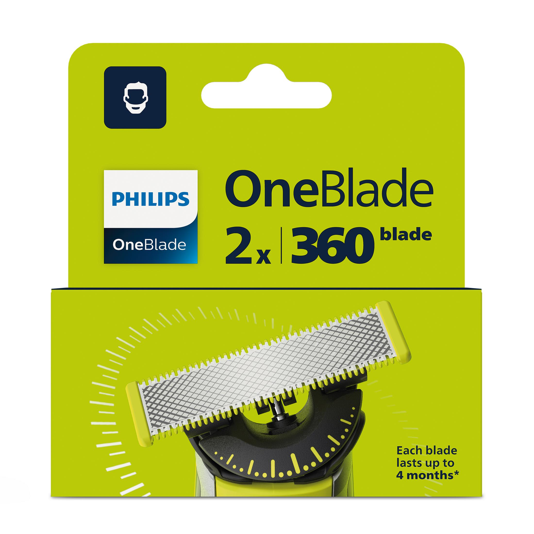Confezione lama Philips OneBlade 2x 360 con primo piano della lama.
