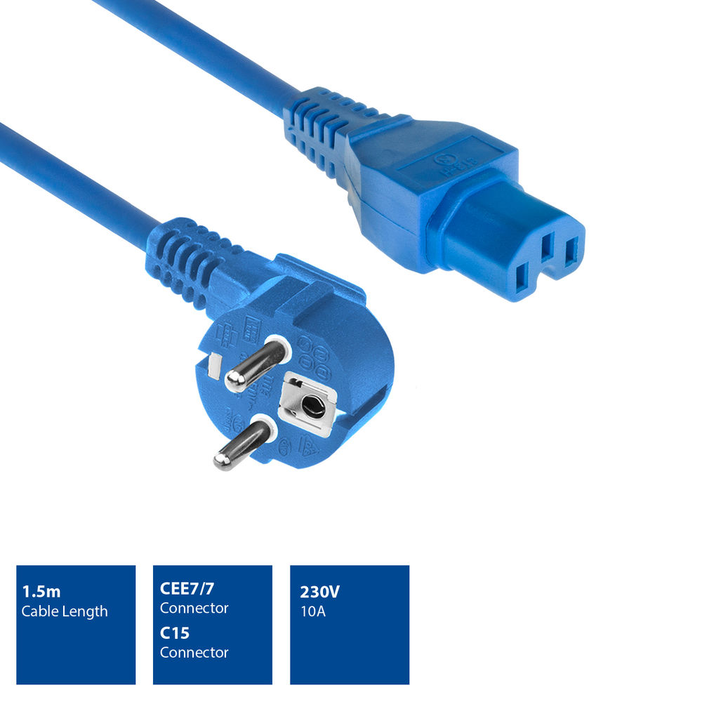 Ein blaues Stromkabel mit einem Stecker und einer Buchse.