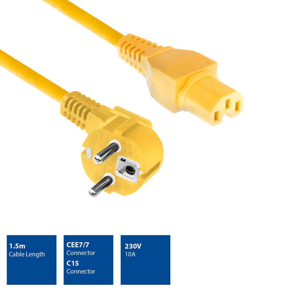Gelbes Stromkabel mit CEE7/7-Stecker und C15-Buchse, 1,5m lang, 230V, 10A.