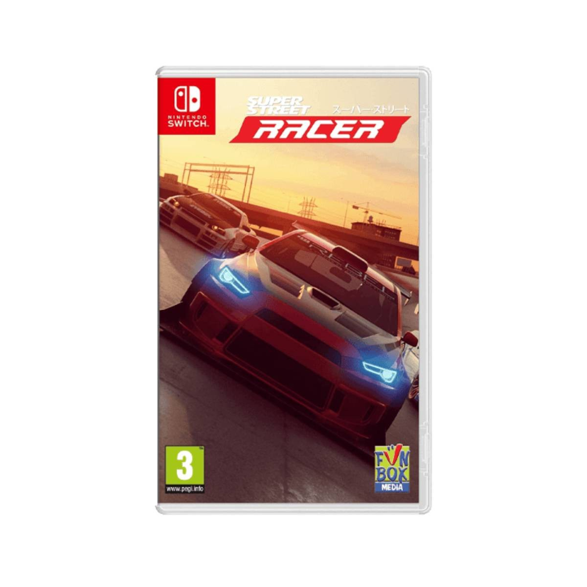 Copertina gioco Nintendo Switch: Super Street Racer con auto rosse e blu su una pista.