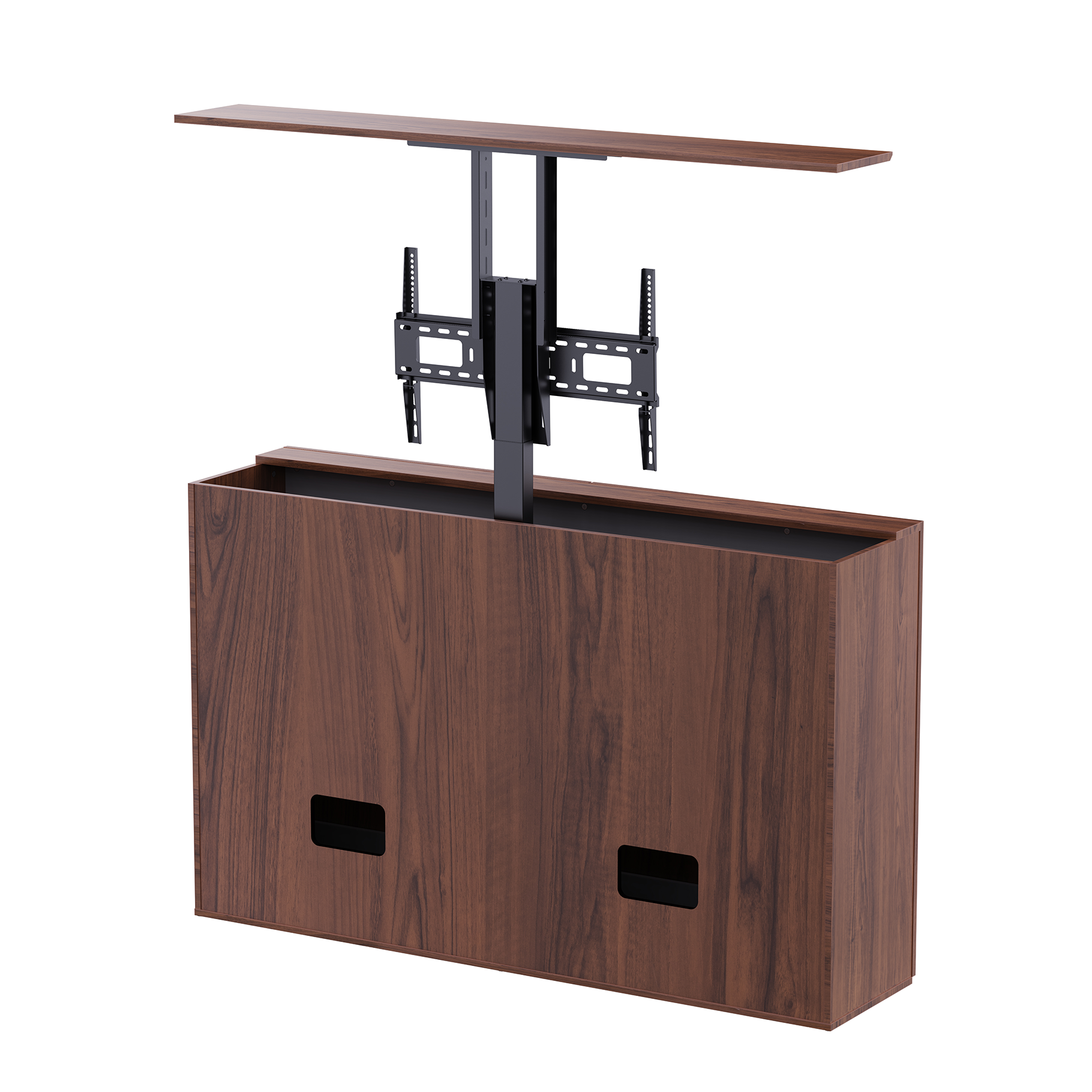 Un mueble de TV de madera con soporte retráctil y soporte.