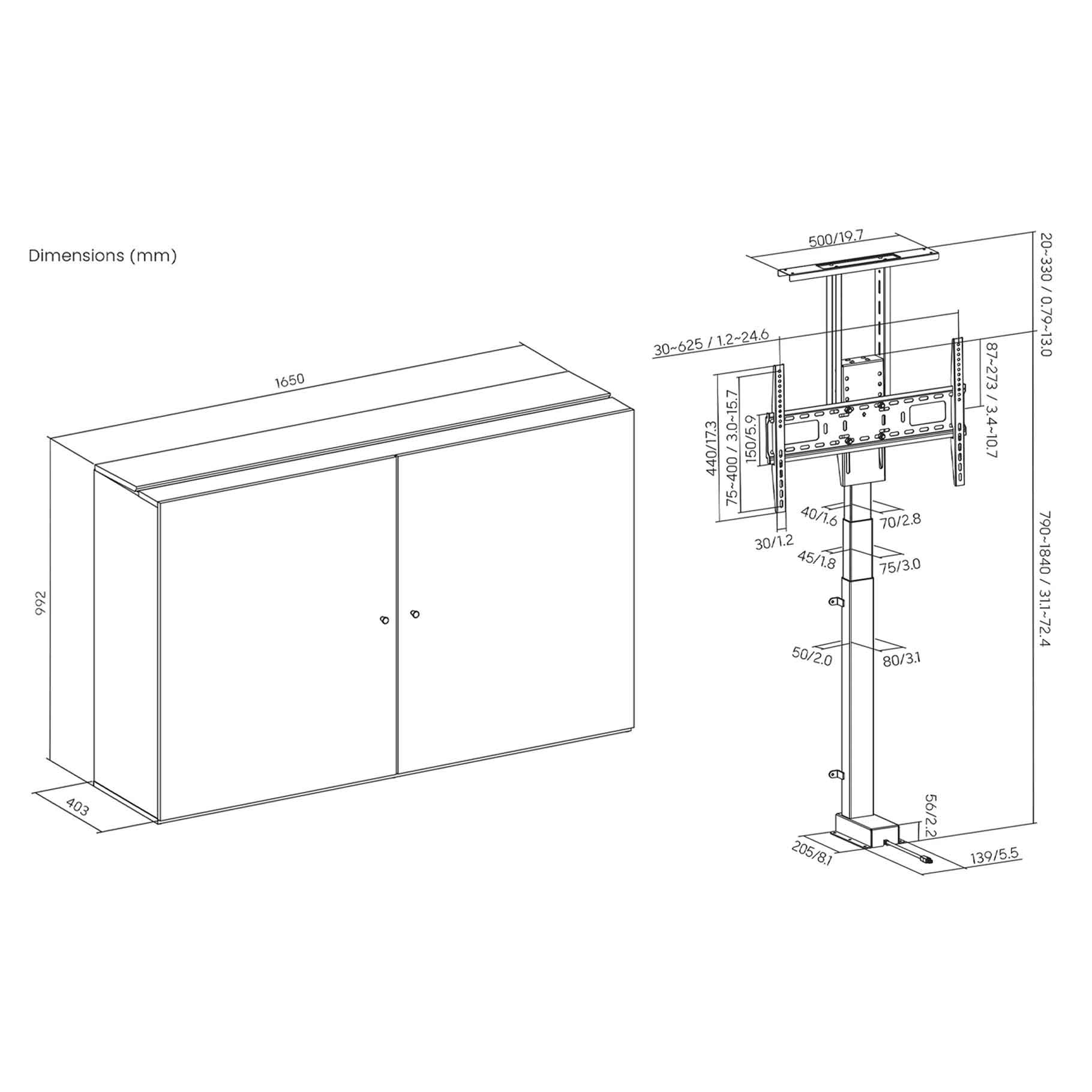 Dibujo técnico de un gabinete de doble puerta con soporte de TV y dimensiones.