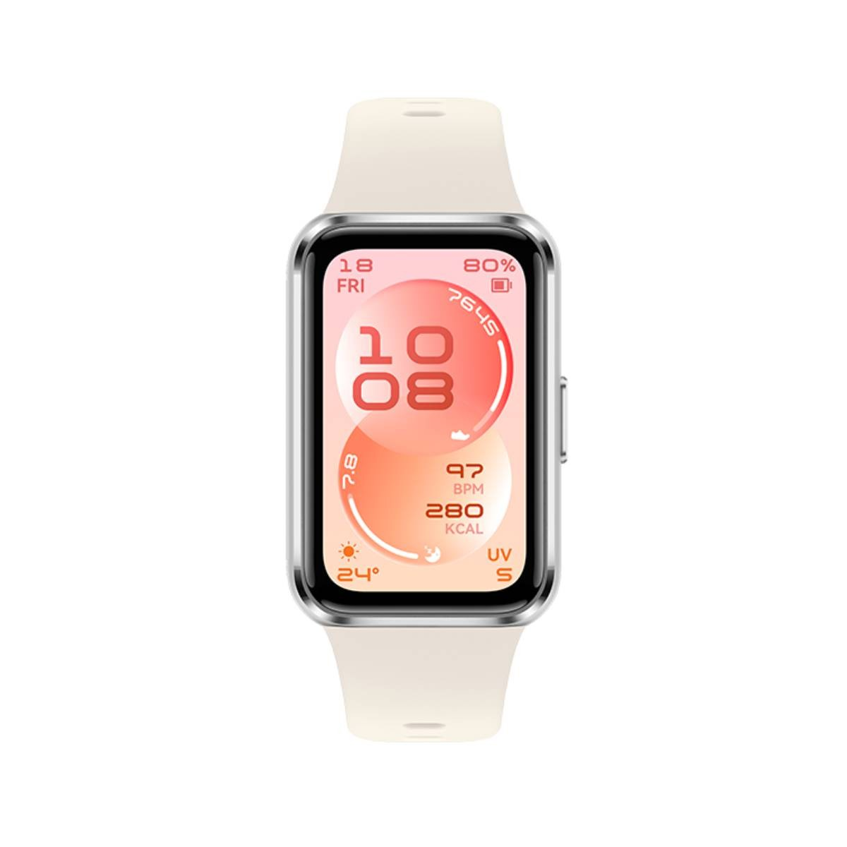 Uno smartwatch color crema mostra 10:08, 80% batteria, 97 BPM, 280 Kcal.