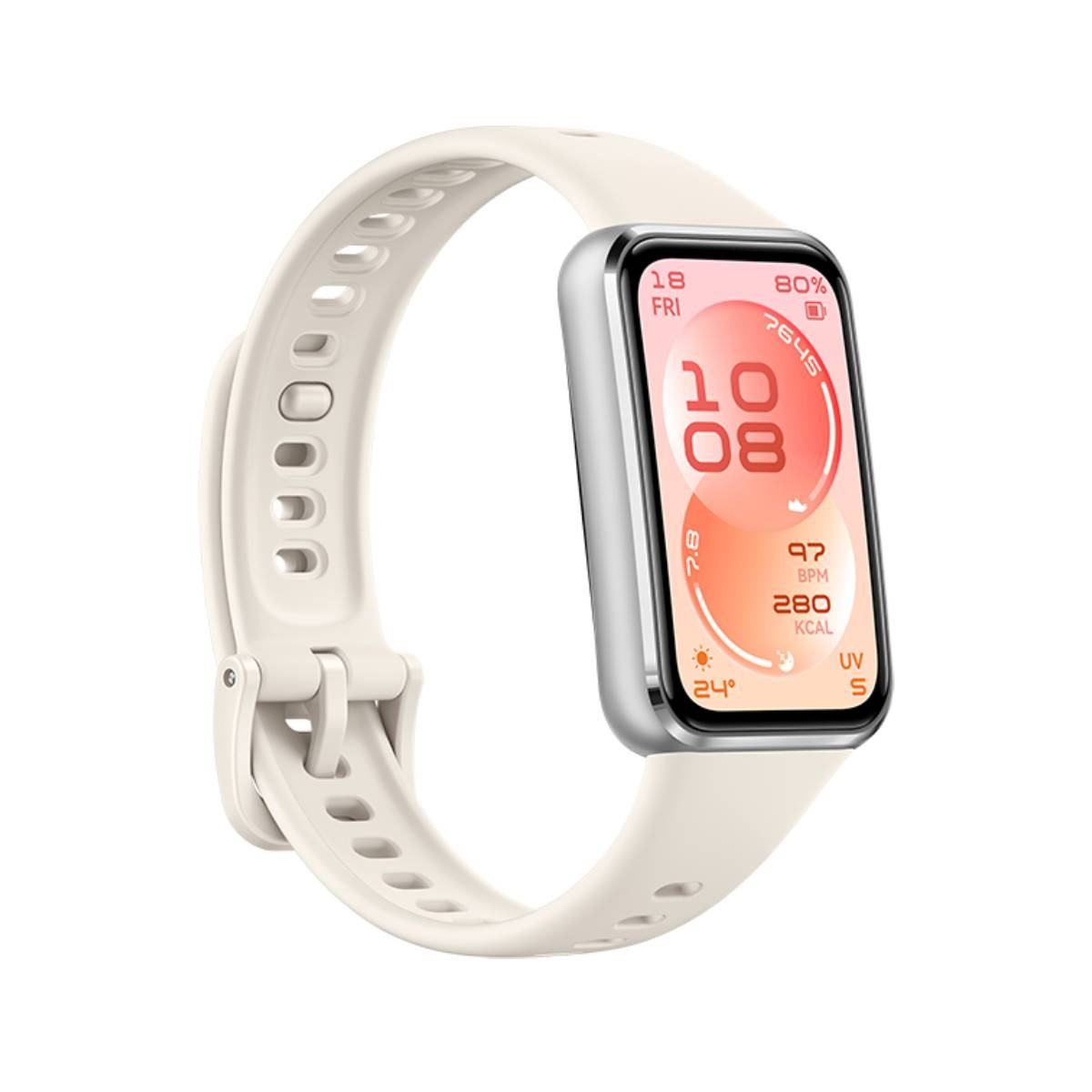Smartwatch bianco con cassa argentata, mostra ora, data, battiti cardiaci e calorie.