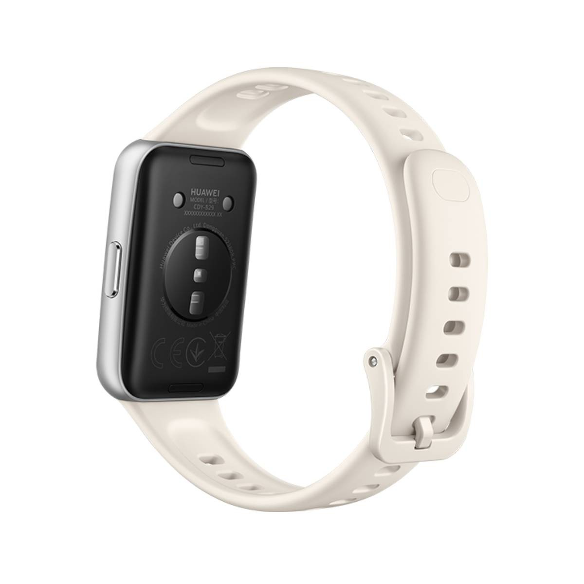 Un fitness tracker Huawei bianco con retro nero e cornice argentata.
