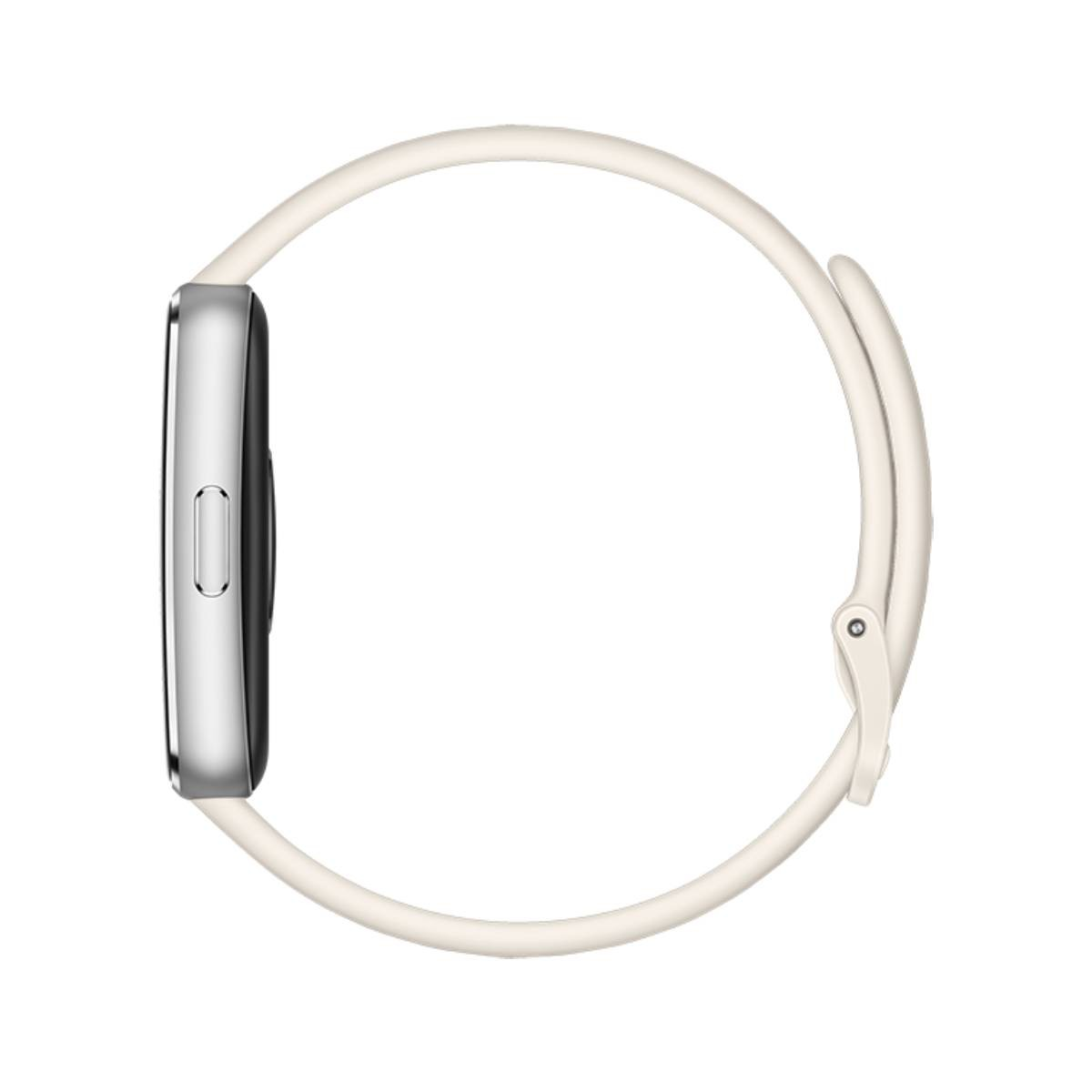 Uno smartwatch bianco con cassa argentata e cinturino bianco è mostrato di lato.
