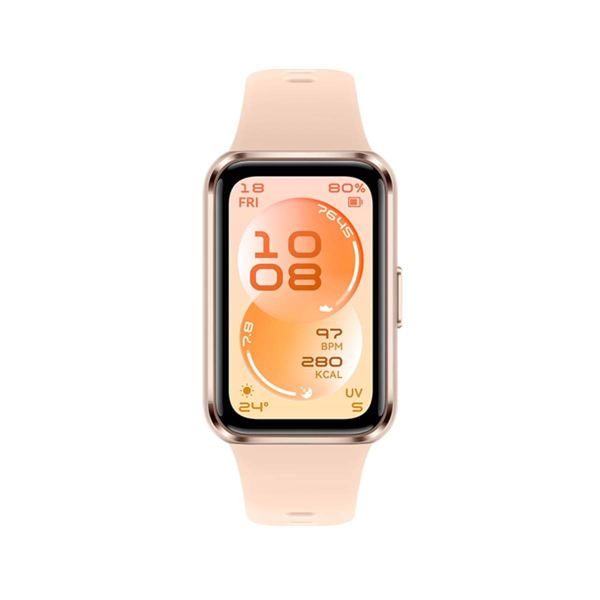 Uno smartwatch rosa mostra 10:08, 97 BPM, 280 Kcal, 24°C e batteria all'80%.