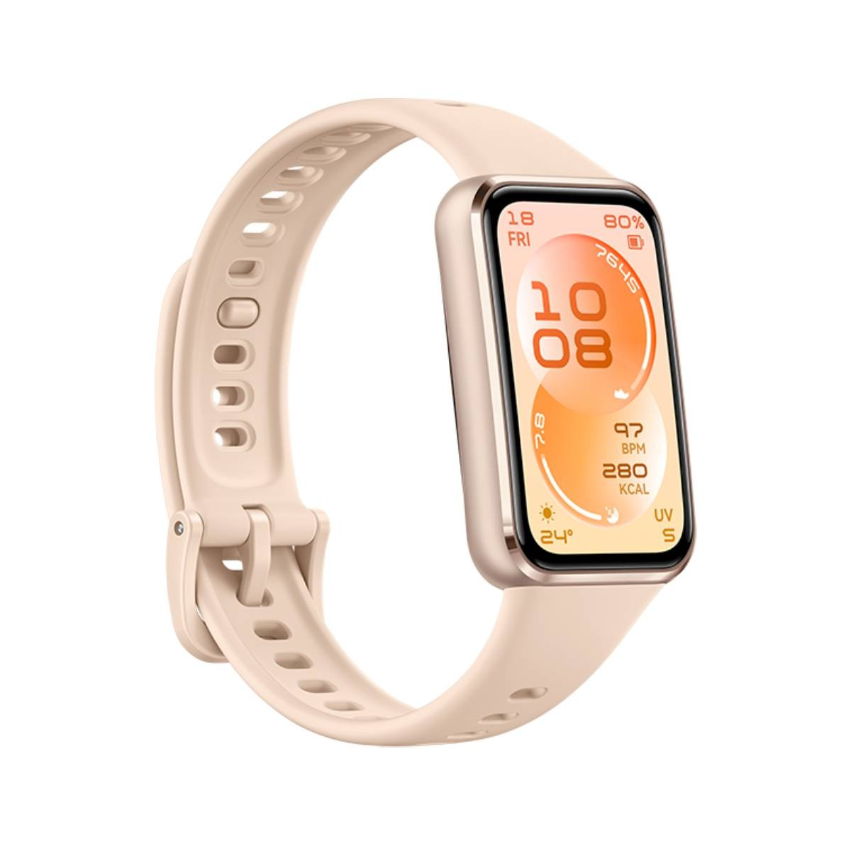 Un braccialetto smart beige chiaro che mostra ora, data, battiti cardiaci e calorie.