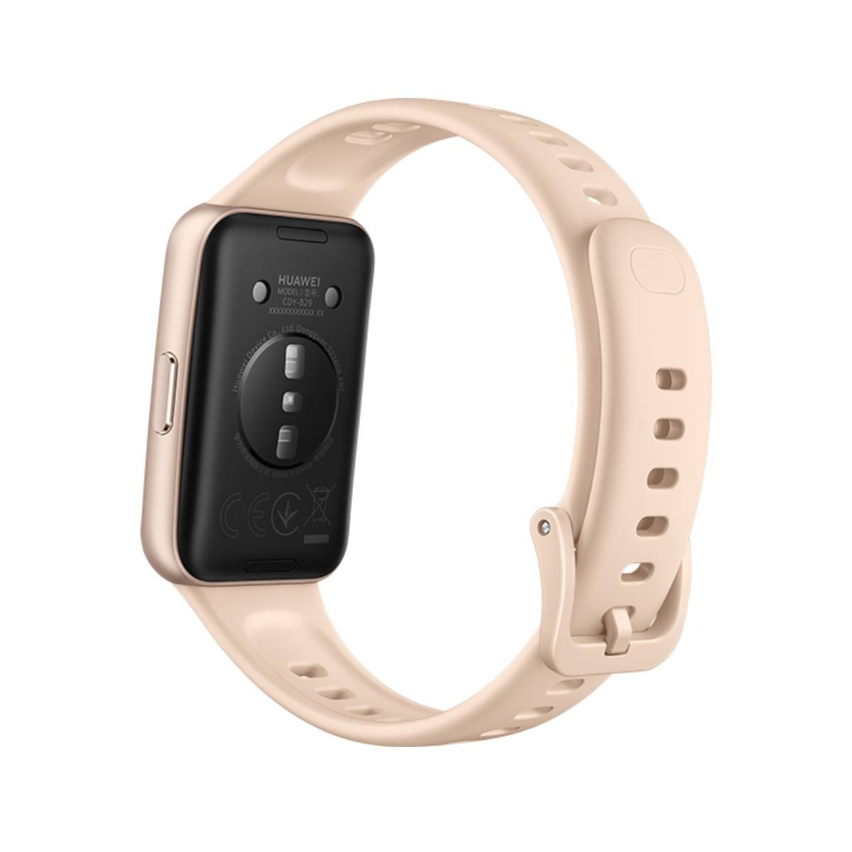 Un fitness band Huawei beige con il retro rivolto verso la fotocamera. Mostra info.