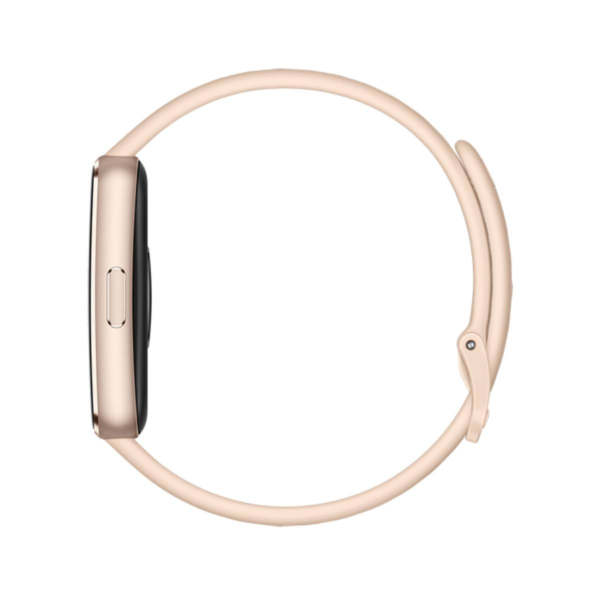 Uno smartwatch color oro rosa con cinturino beige chiaro, visto di lato.