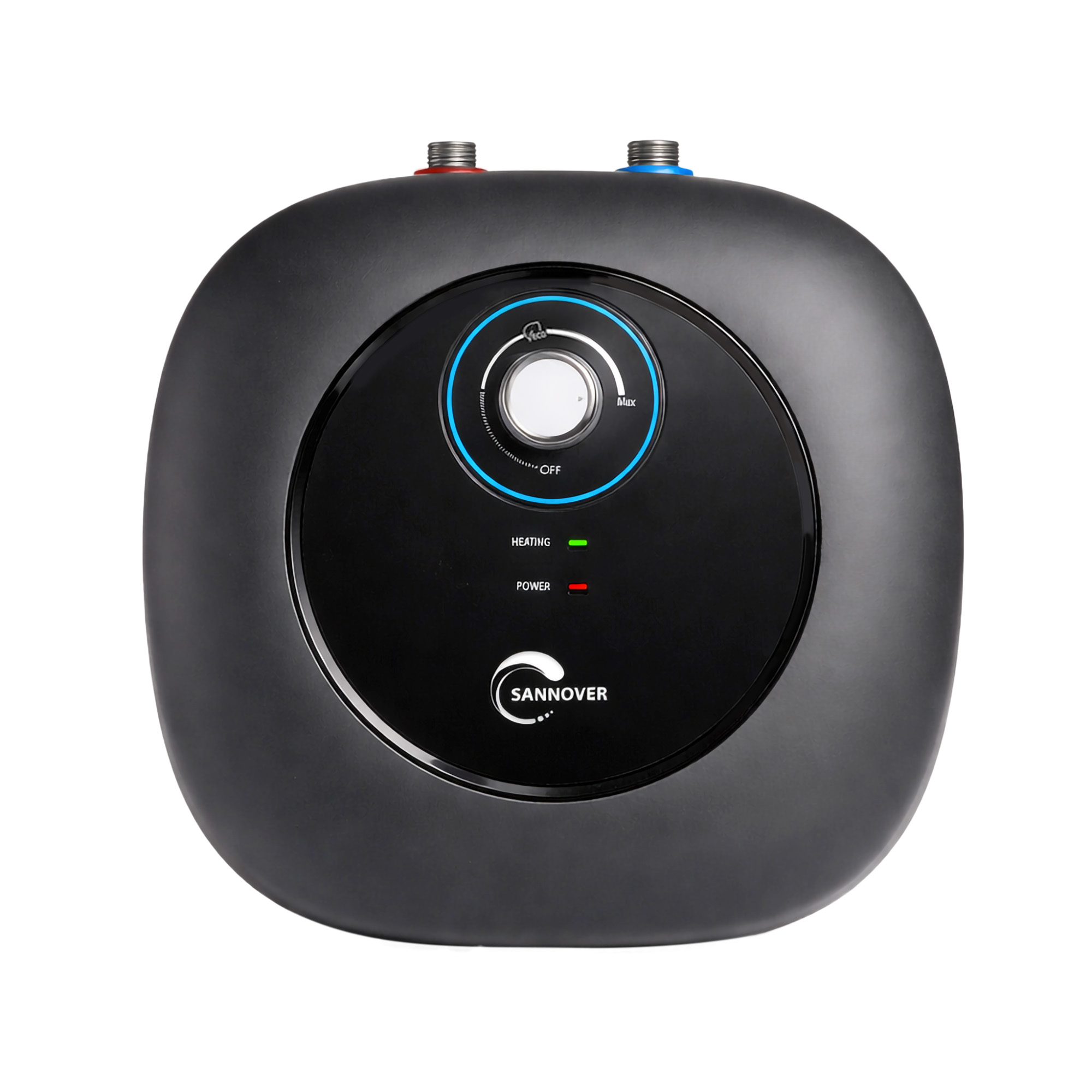 Zwarte boiler met draaiknop en LED-indicatoren voor verwarming en stroom.