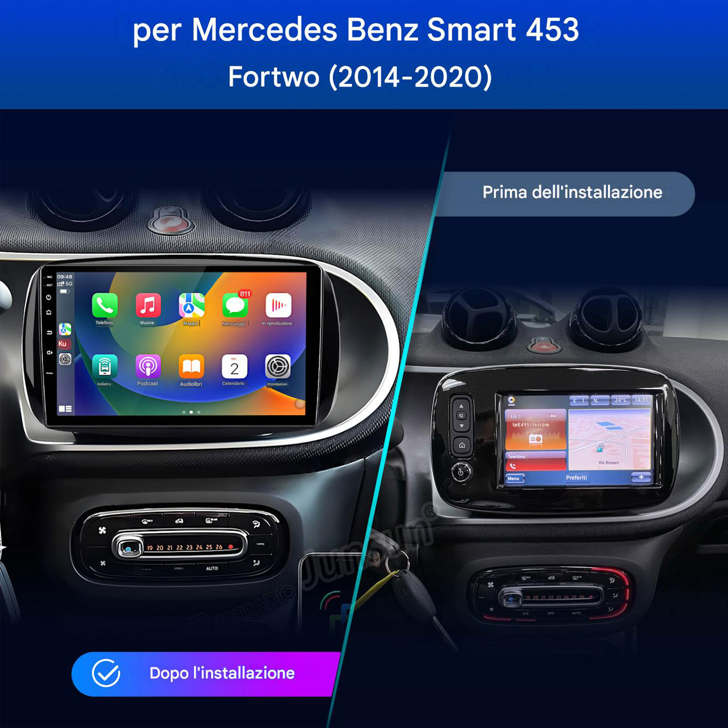 Vista prima e dopo di un sistema di infotainment Mercedes Benz Smart 453 Fortwo.