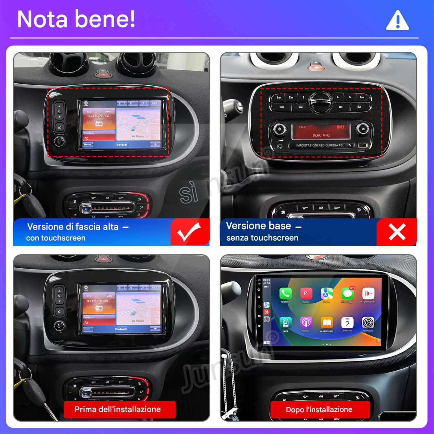 Quattro immagini di un sistema di infotainment per auto. In alto a sinistra: Navigazione touchscreen. In alto a destra: Comandi radio.