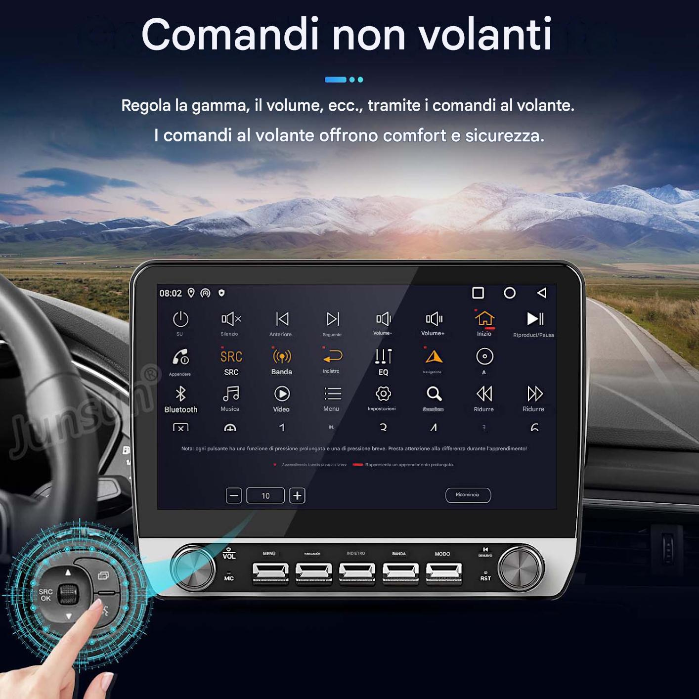 Interno auto con sistema infotainment touchscreen e paesaggio montano sullo sfondo.