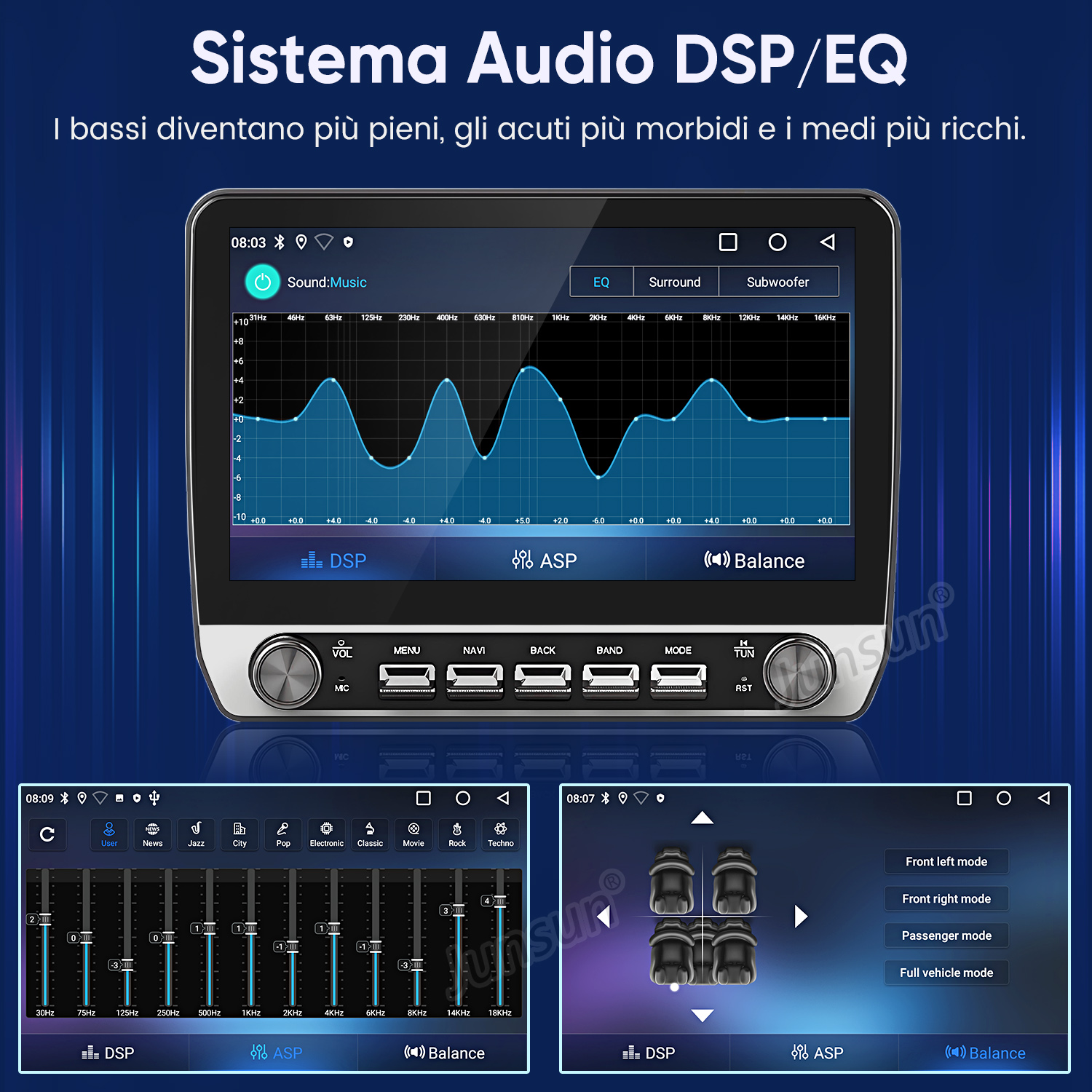 Schermo autoradio con impostazioni DSP/EQ e display equalizzatore.