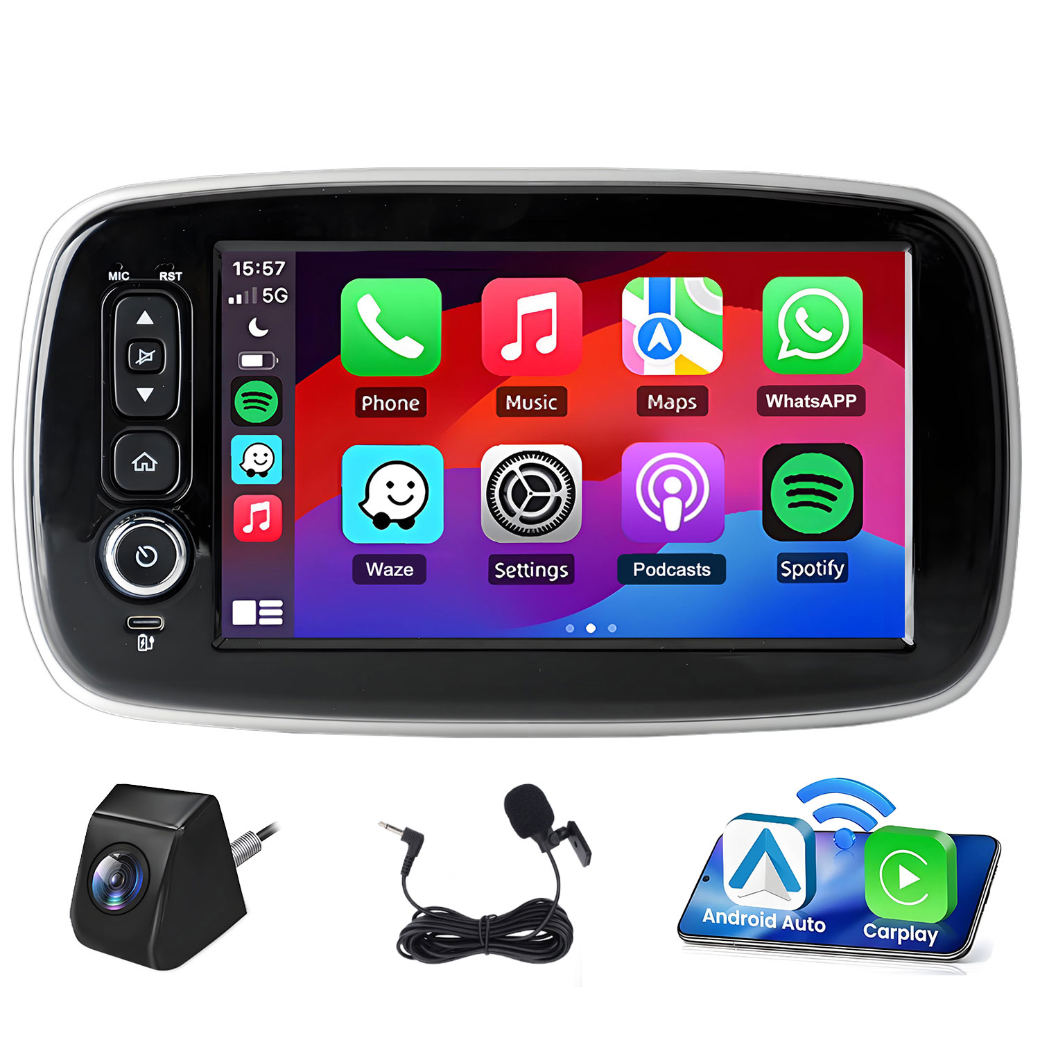Uno schermo infotainment per auto con app, telecamera posteriore e microfono.