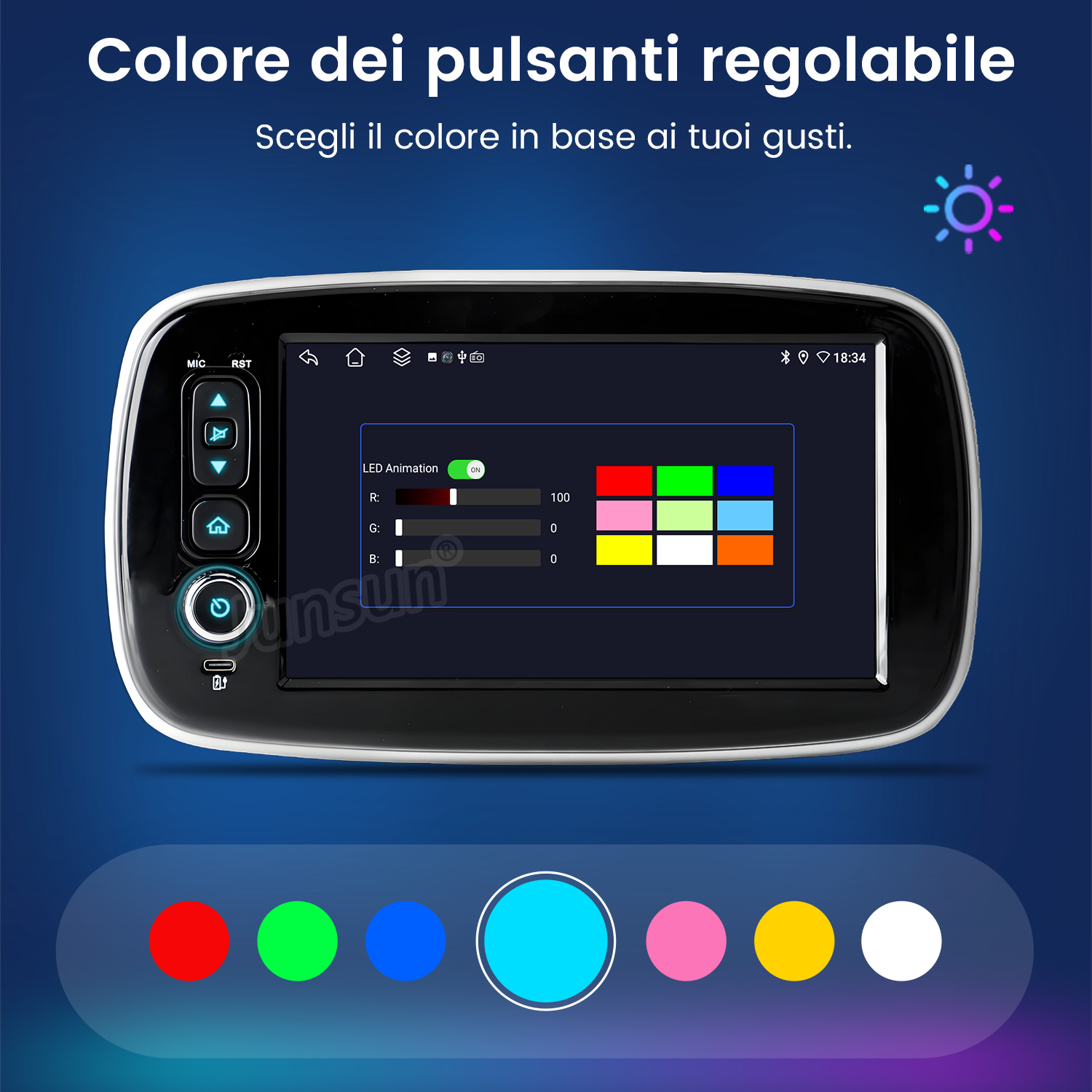 Uno schermo infotainment per auto mostra un'interfaccia di selezione colore con slider RGB e campioni di colore.