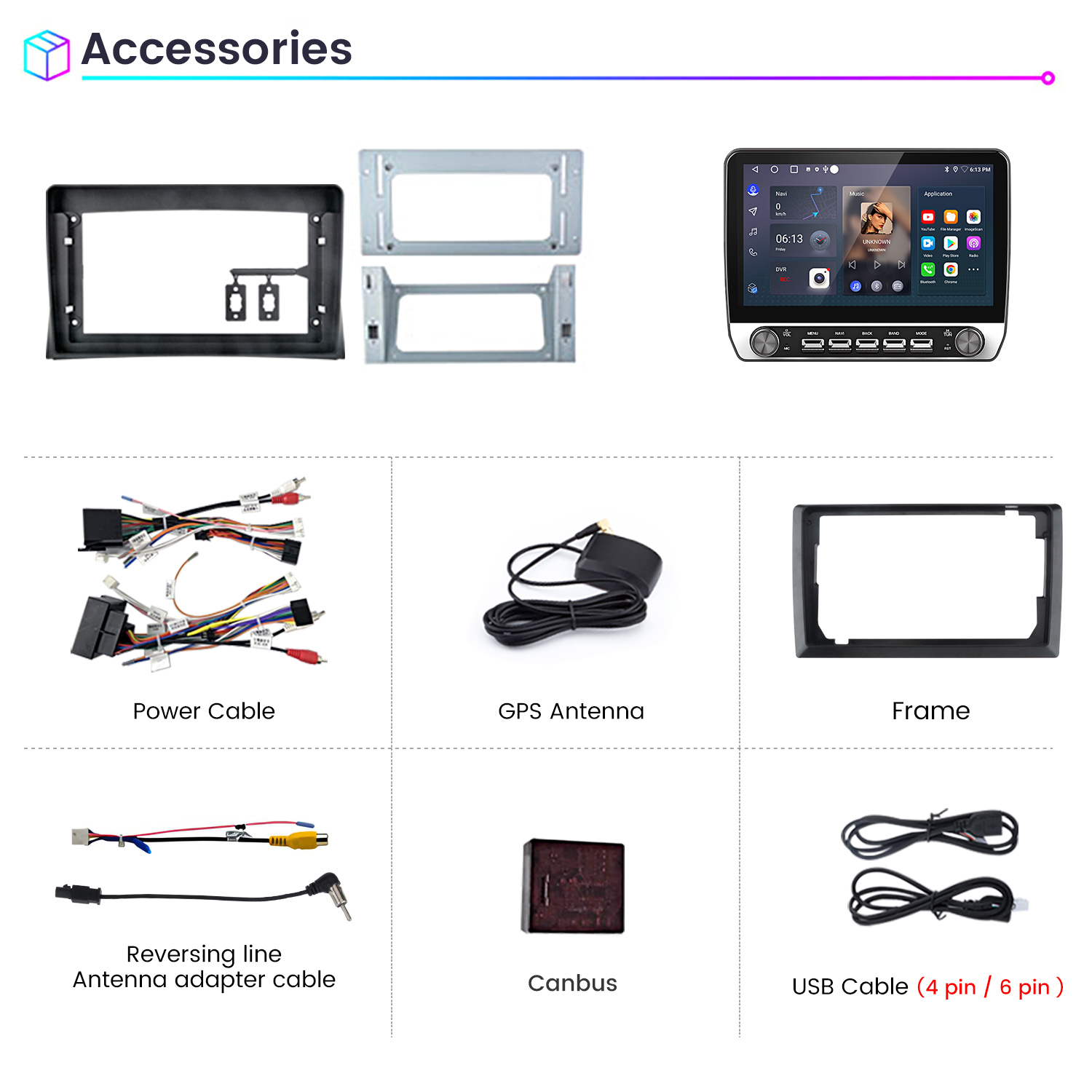 Accessori: Cornici di montaggio, cavi, antenna GPS, Canbus e cavi USB.
