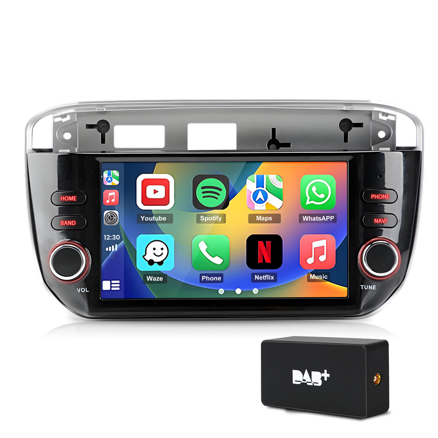 Ein Autoradio-Display mit App-Symbolen und ein DAB+-Empfänger.