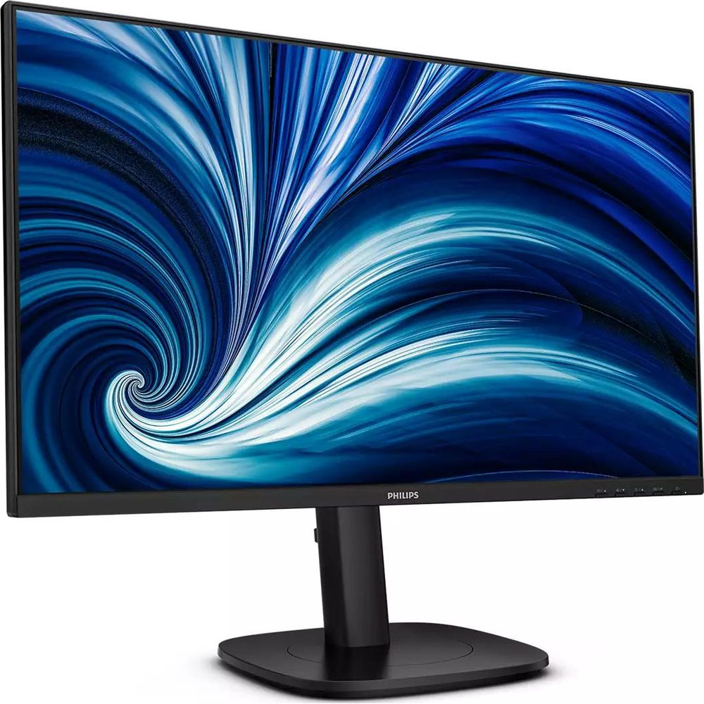 Un monitor Philips nero con un'immagine di sfondo blu e bianca vorticosa.