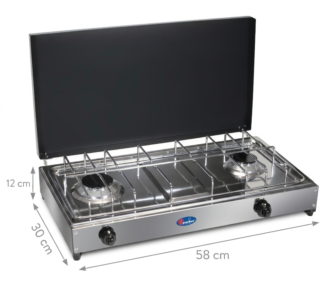 Fornello a gas doppio in acciaio inox con coperchio nero aperto e misure.