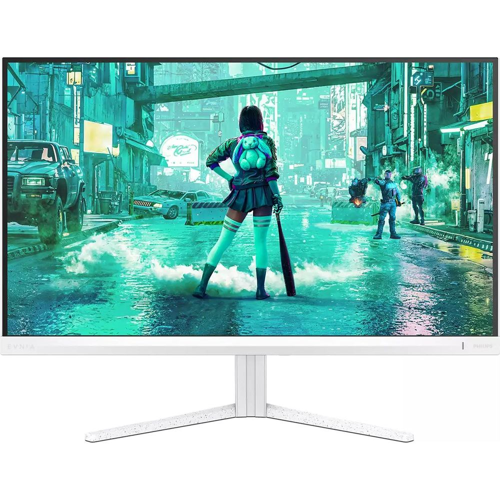Una chica gamer con un bate de béisbol está en una calle lluviosa de ciudad iluminada por neón.