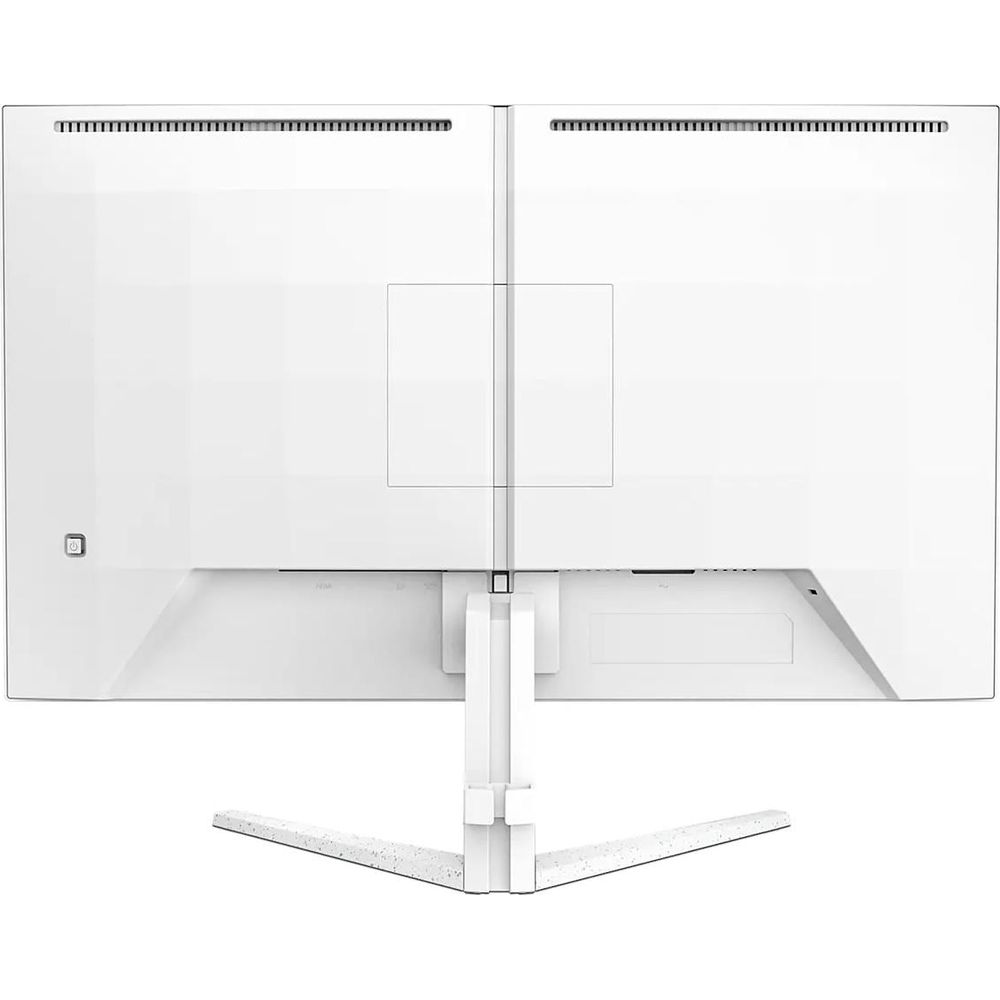 Vista trasera de un monitor blanco con bisel delgado y soporte plateado.