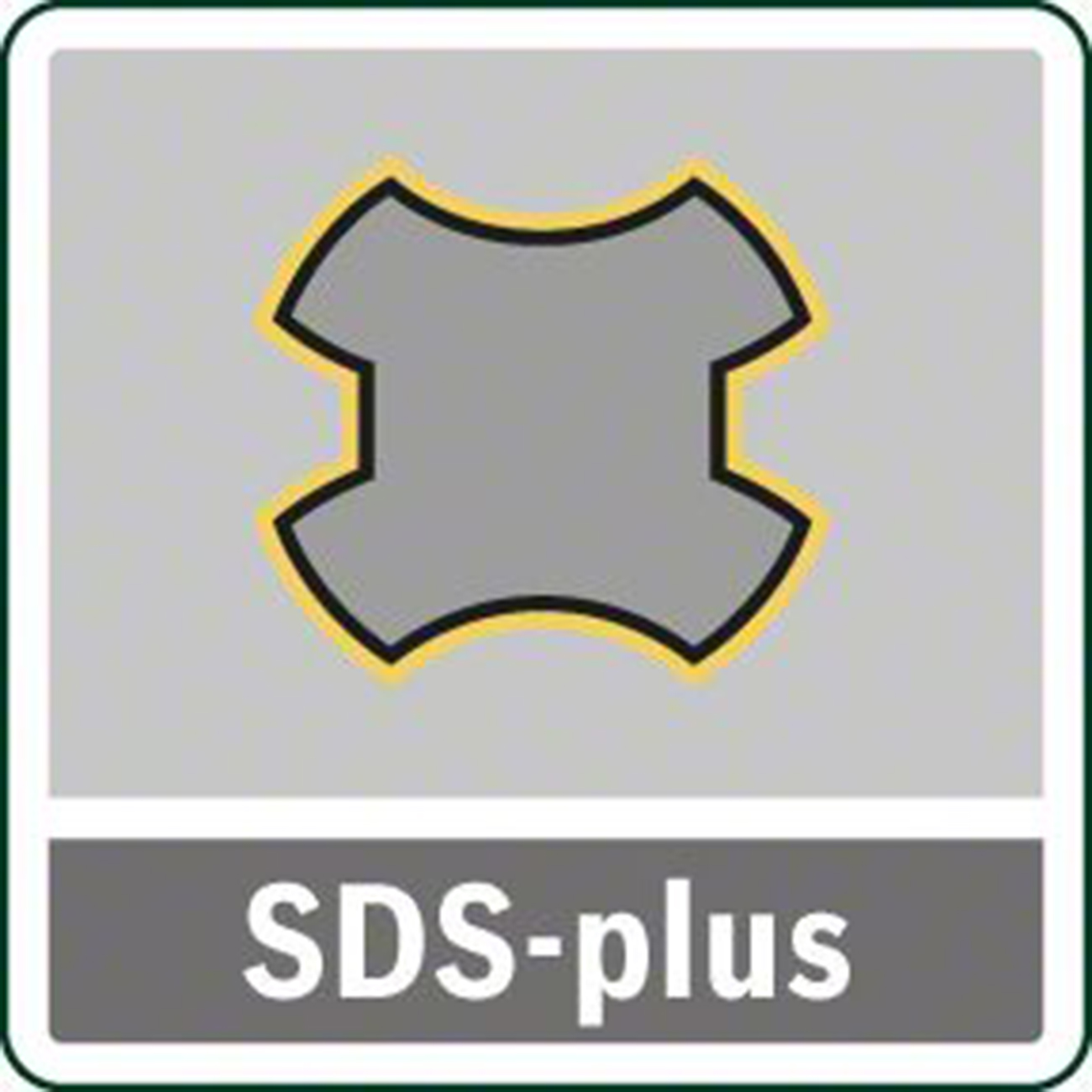 Graues Symbol mit gelbem Rand. SDS-plus Text.