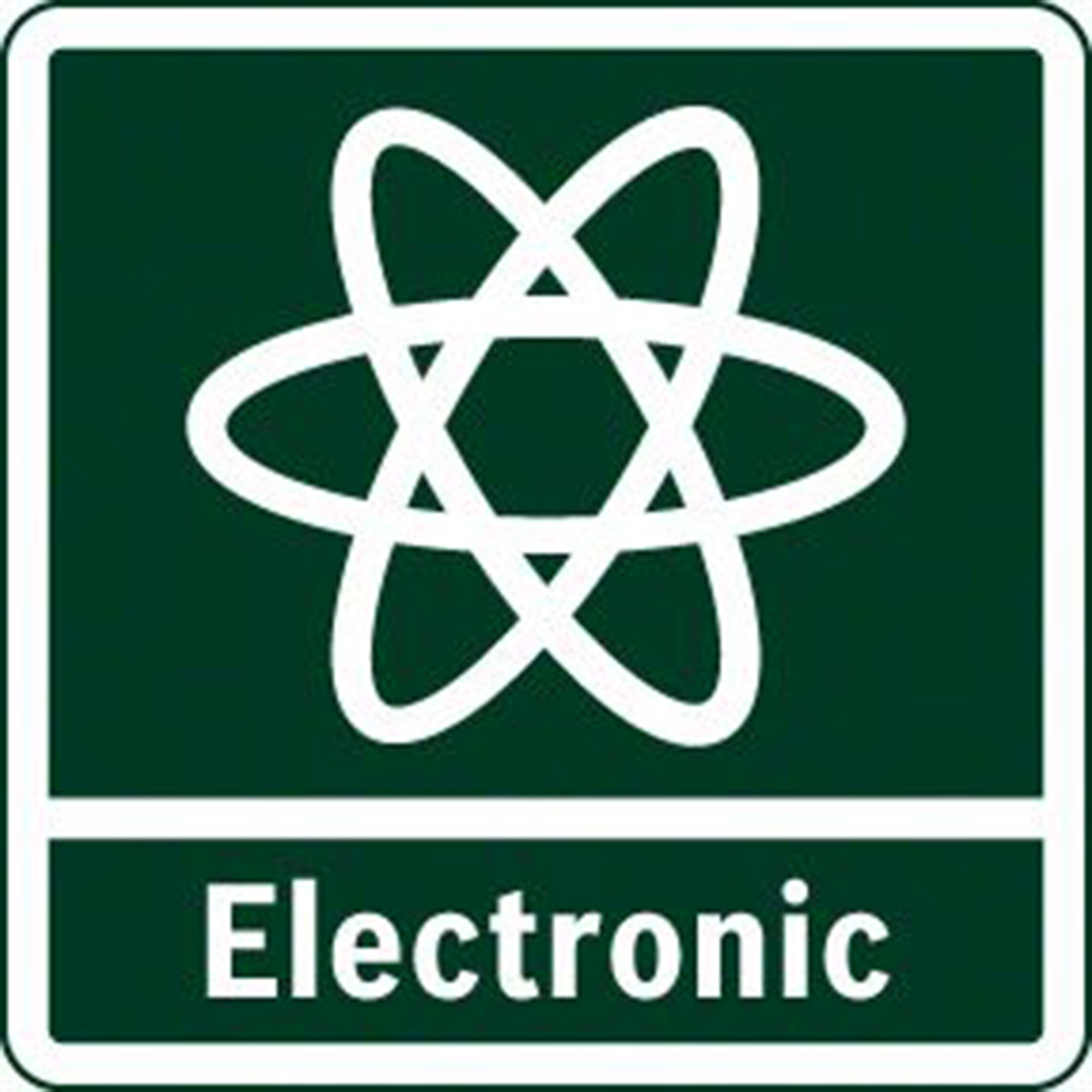 Grünes Schild mit weißem Atomsymbol und Wort "Electronic".
