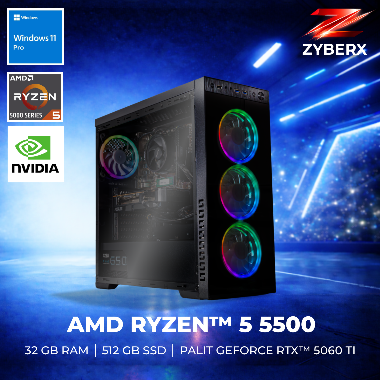 Ein schwarzer Gaming-PC mit RGB-Lüftern steht vor einem blauen, sternenklaren Hintergrund.