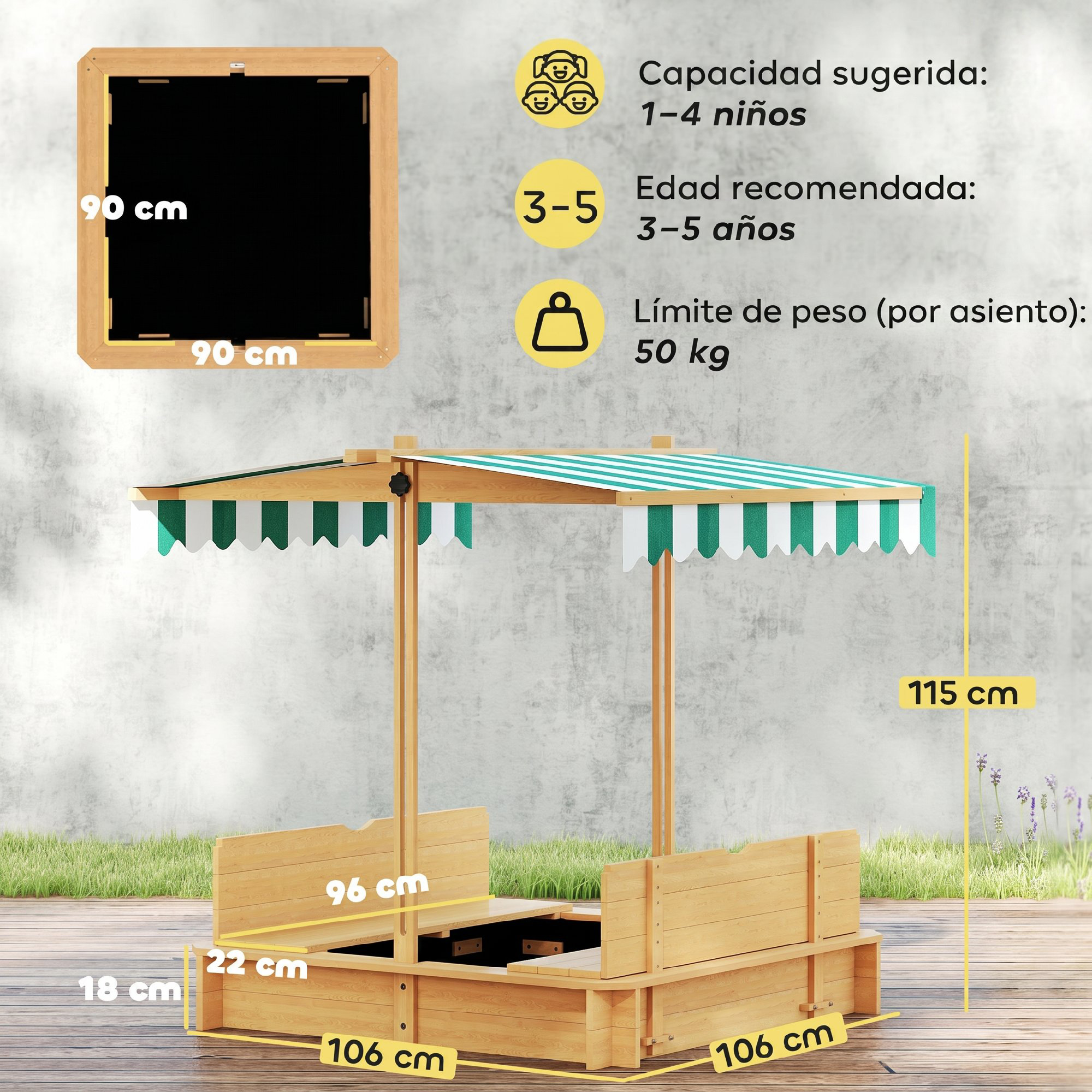 Un arenero de madera con techo y pizarra. Se muestran las dimensiones.