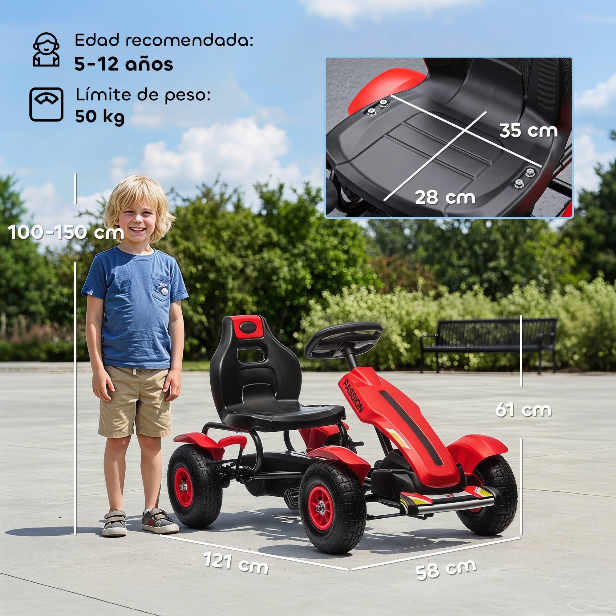 Un niño junto a un go-kart rojo con medidas. Recomendado para 5-12 años.