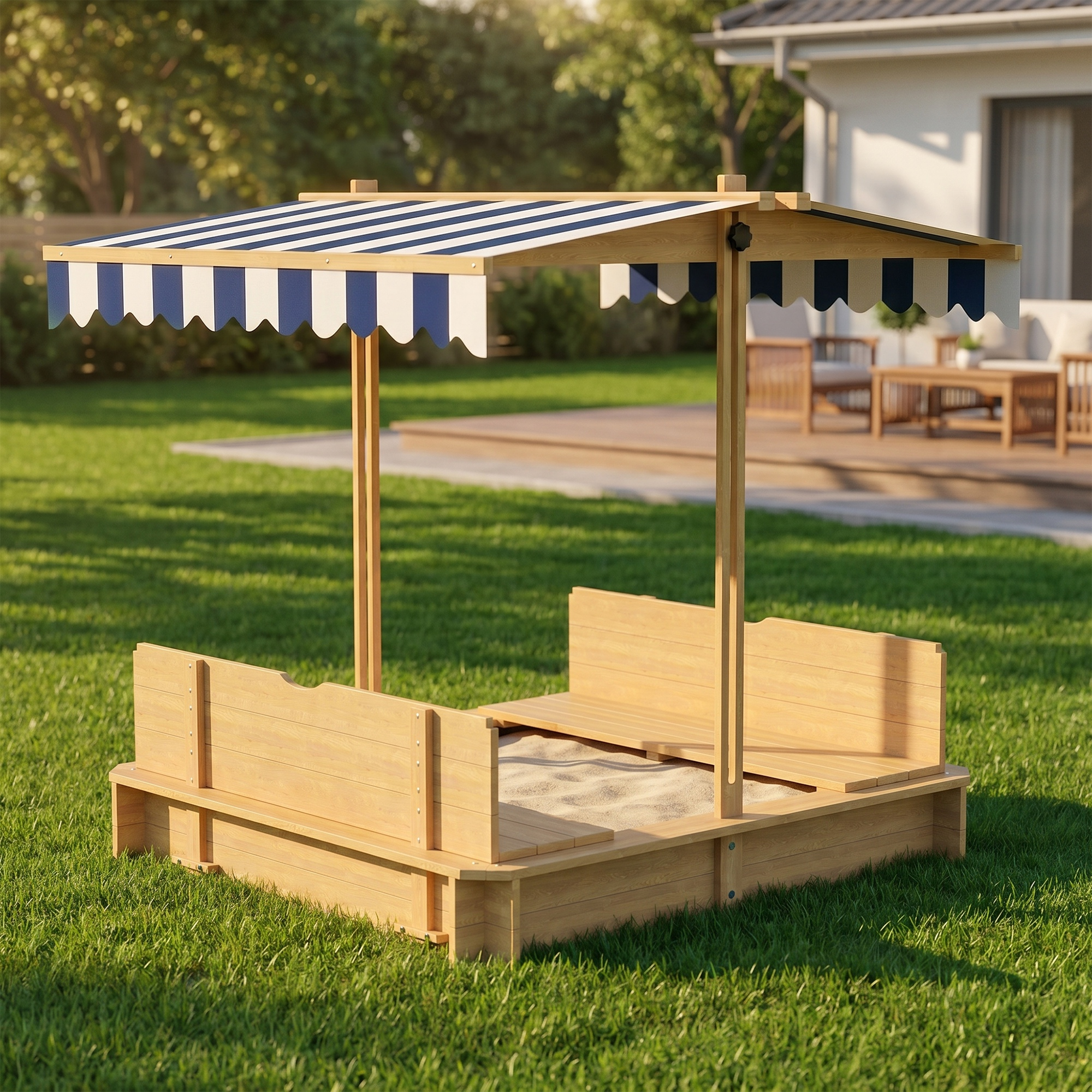 Arenero de madera con toldo a rayas azules y blancas en jardín.