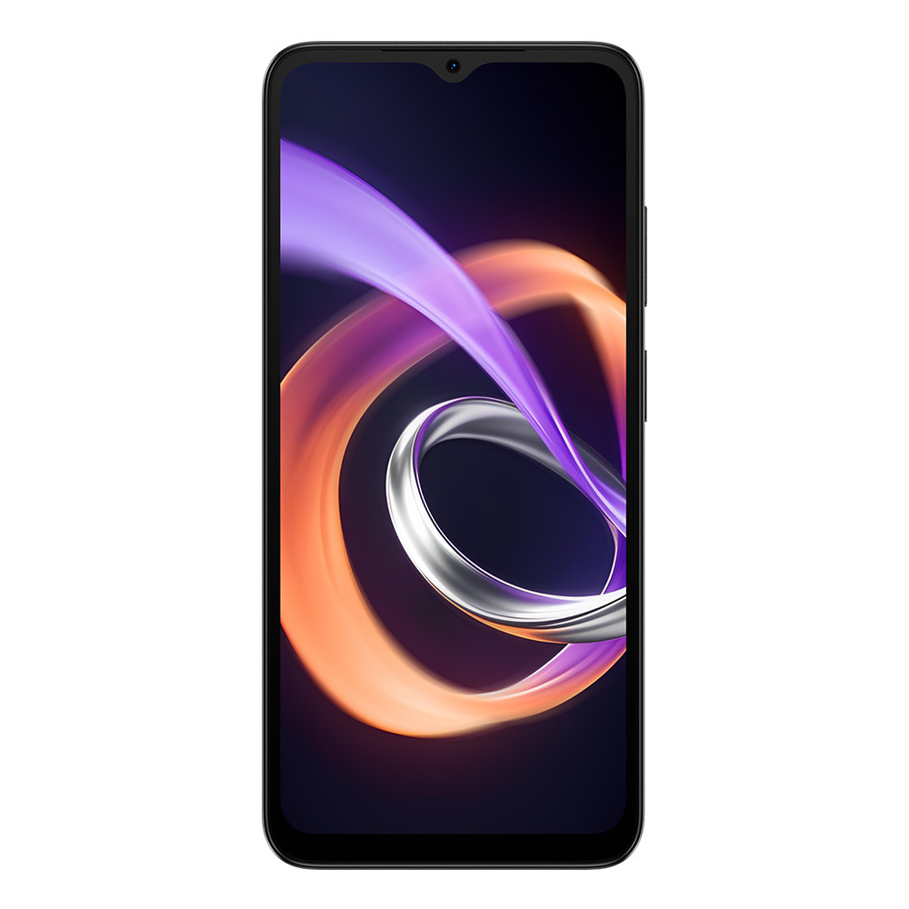 Uno smartphone nero che visualizza un motivo astratto vorticoso di viola e arancione sul suo schermo.