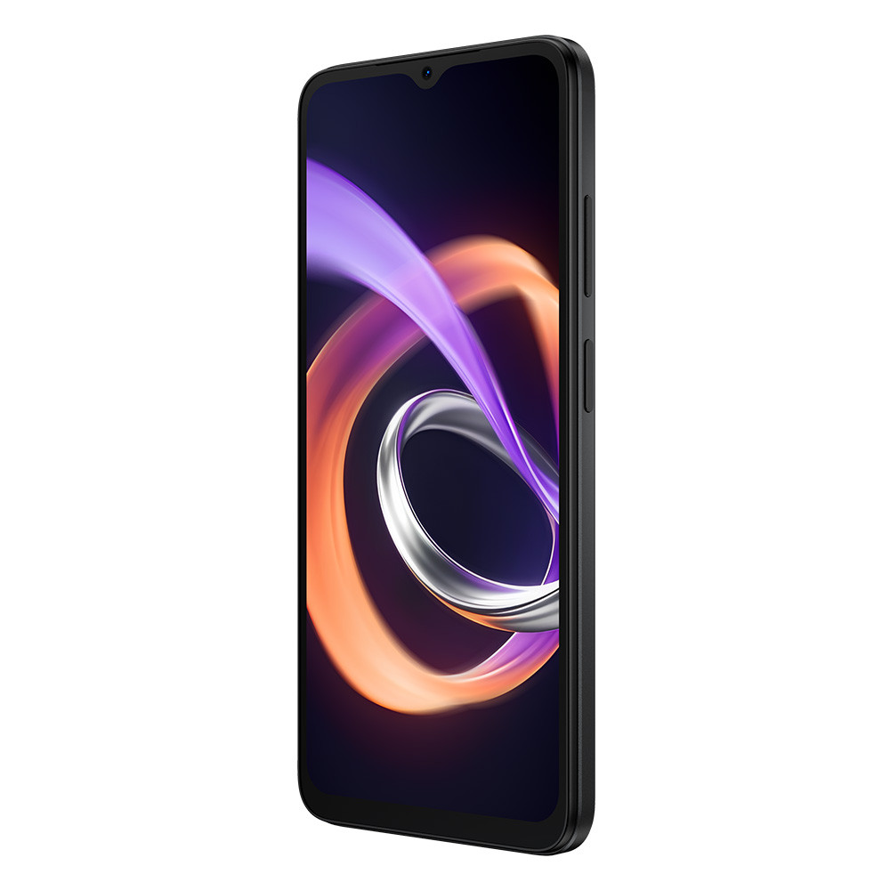 Smartphone nero con grafica vorticosa colorata sullo schermo.