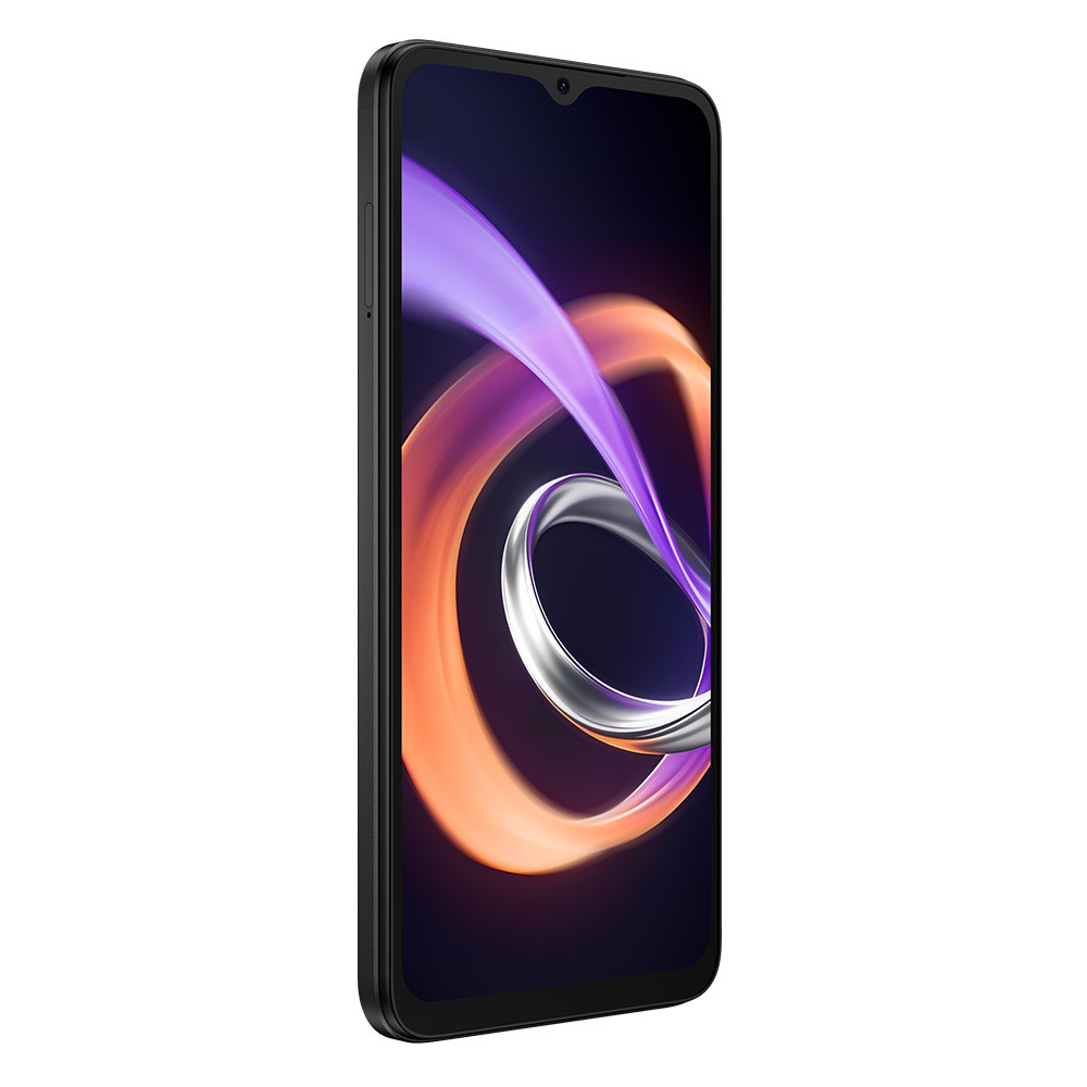 Uno smartphone nero con una grafica astratta e vorticosa sullo schermo.