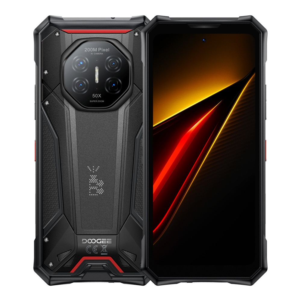 Uno smartphone robusto nero con accenti rossi e quattro fotocamere sul retro.