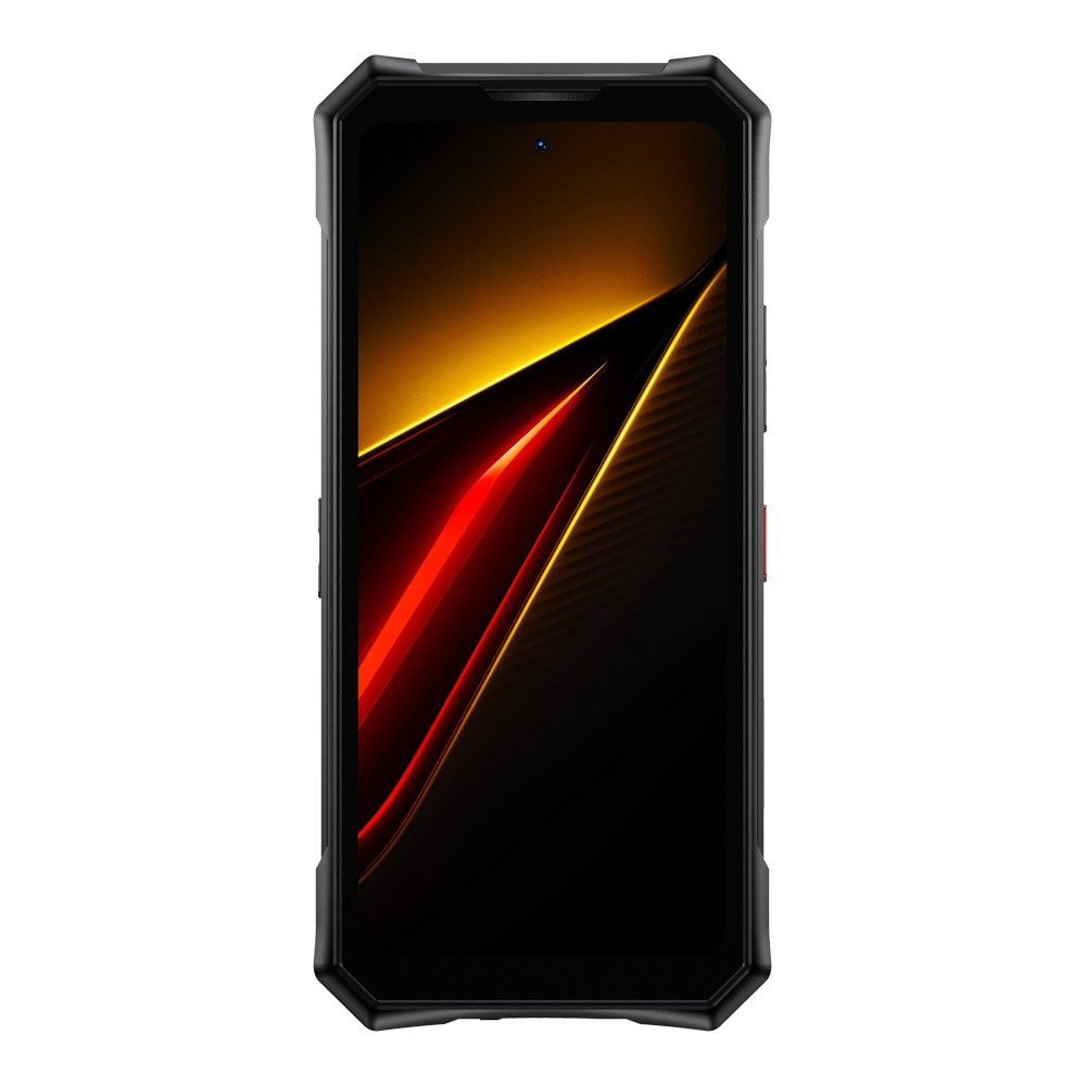 Smartphone nero con uno sfondo dinamico rosso e giallo.