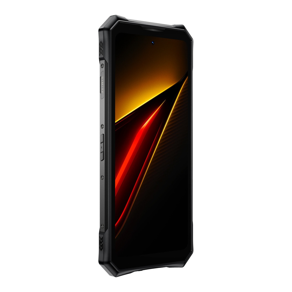 Uno smartphone robusto con custodia nera, caratterizzato da un accattivante motivo rosso e giallo sul suo schermo scuro.