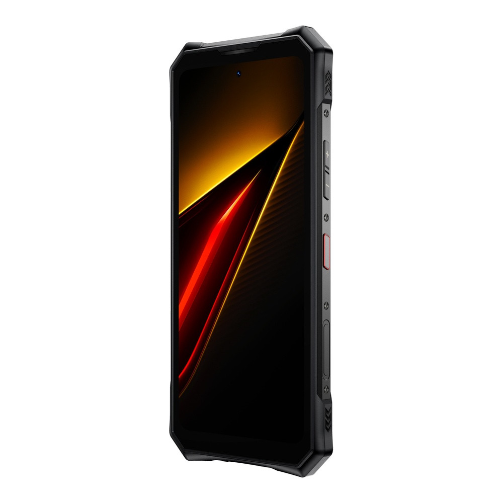 Uno smartphone robusto dal design scuro e angolare con un salvaschermo a strisce rosse e gialle.