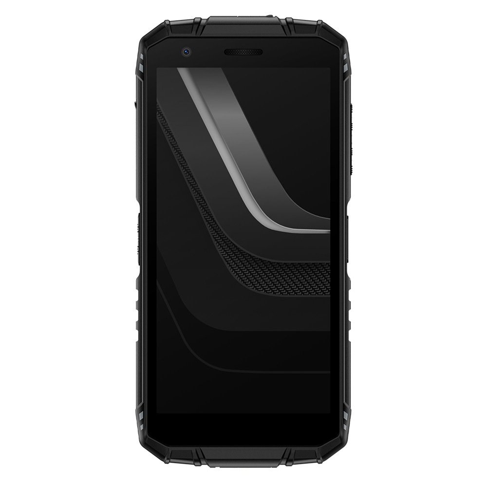 Smartphone robusto nero con angoli arrotondati e pulsanti laterali.