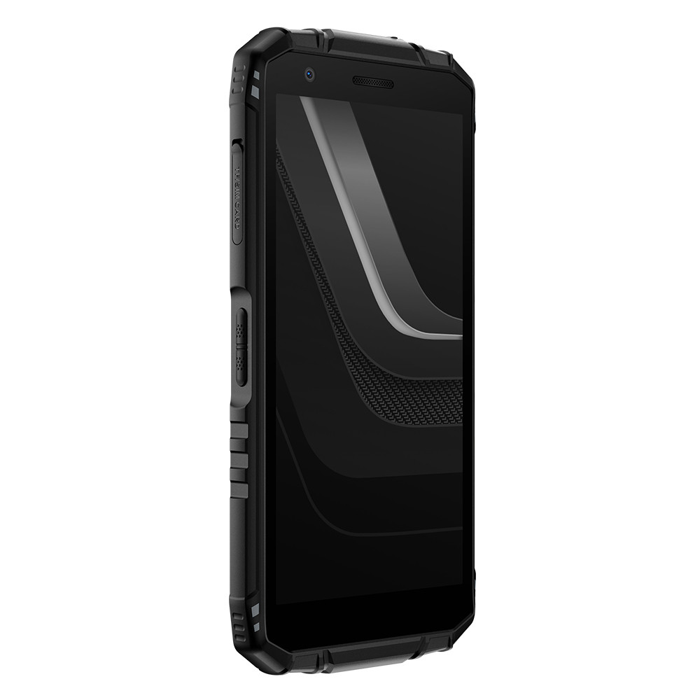 Uno smartphone nero robusto con schermo scuro e pulsanti laterali.