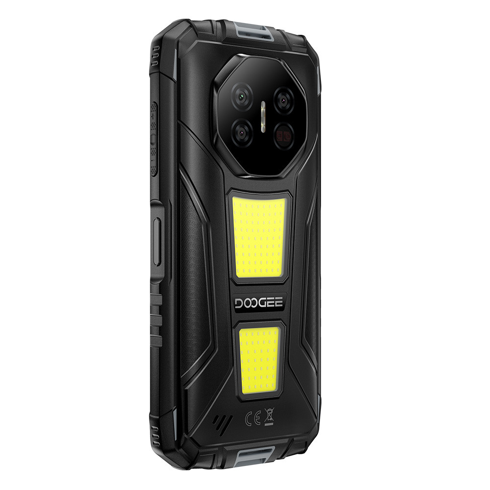Smartphone nero con tre fotocamere e due luci gialle.