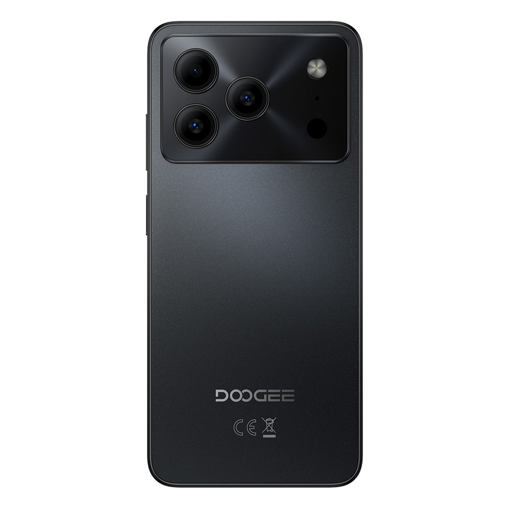 Retro di uno smartphone nero con tre obiettivi e flash.