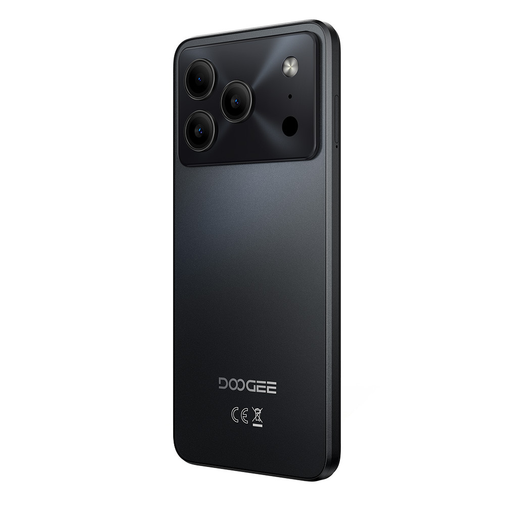 Vista posteriore smartphone nero. Tripla fotocamera, flash e logo DOOGEE.