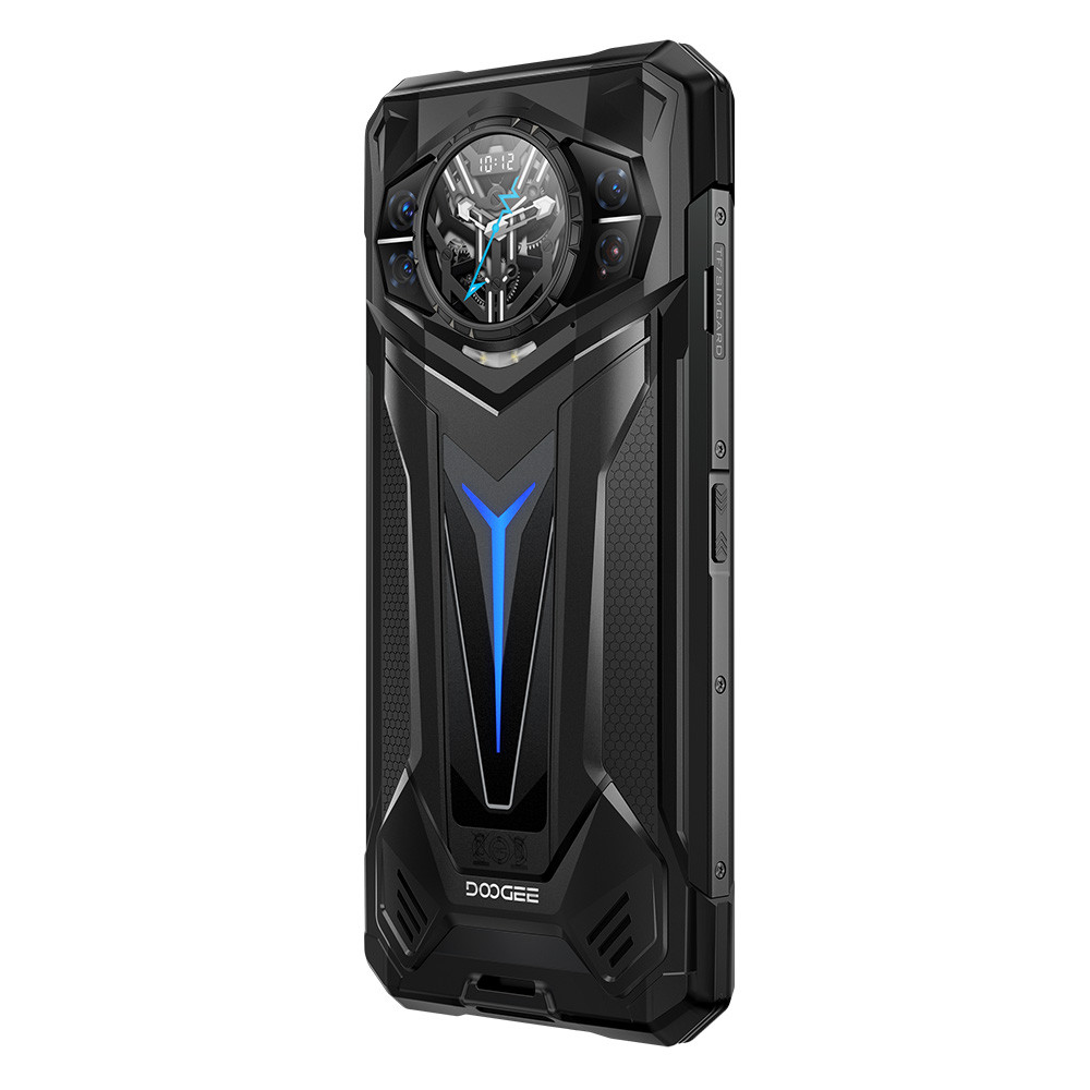Smartphone nero dal design robusto, modulo fotocamera rotondo e accenti luminosi blu.