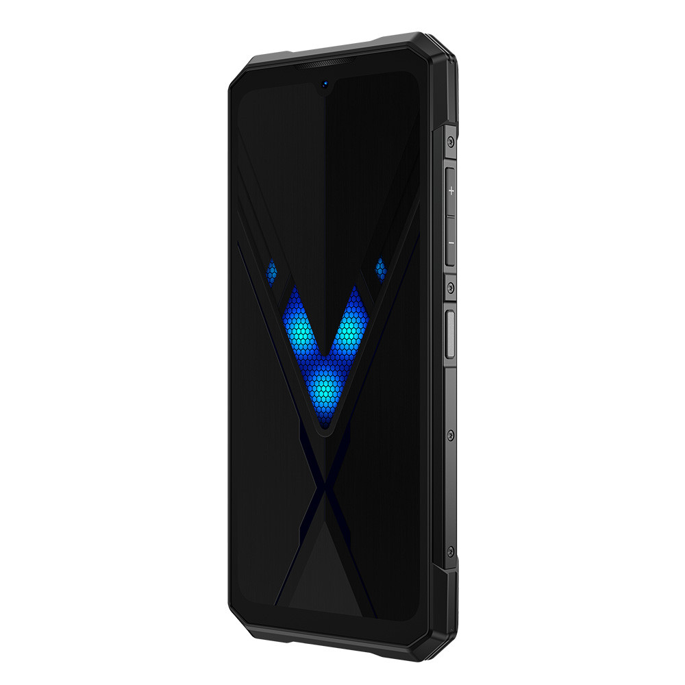 Uno smartphone nero con un motivo luminoso blu a forma di V sul retro.
