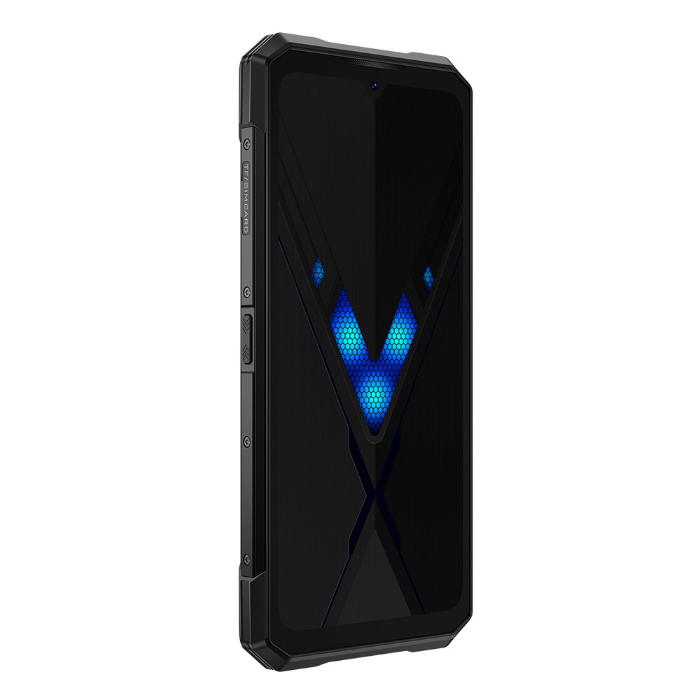 Uno smartphone nero con un motivo a V blu illuminato sul retro.